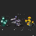 Cartoon Scene With Colorful Mushrooms On Dark Background And White Spots