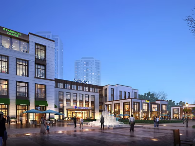 Modern Commercial Street With Pedestrian Square Fountains Shops And Evening Lighting 3d model