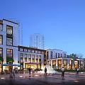 Modern Commercial Street With Pedestrian Square Fountains Shops And Evening Lighting