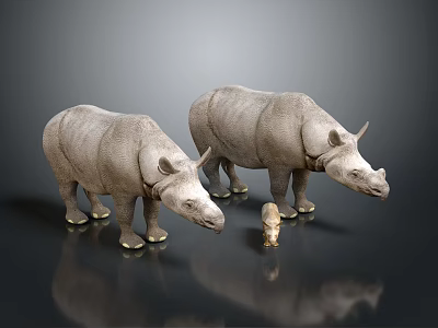 Three Rhinos Two Adults and One Baby Standing on Reflective Gray Background 3d model