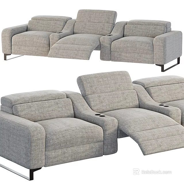 Gray Fabric Reclining Three-Seater Sofa with Cup Holders and Comfortable Design 3d model