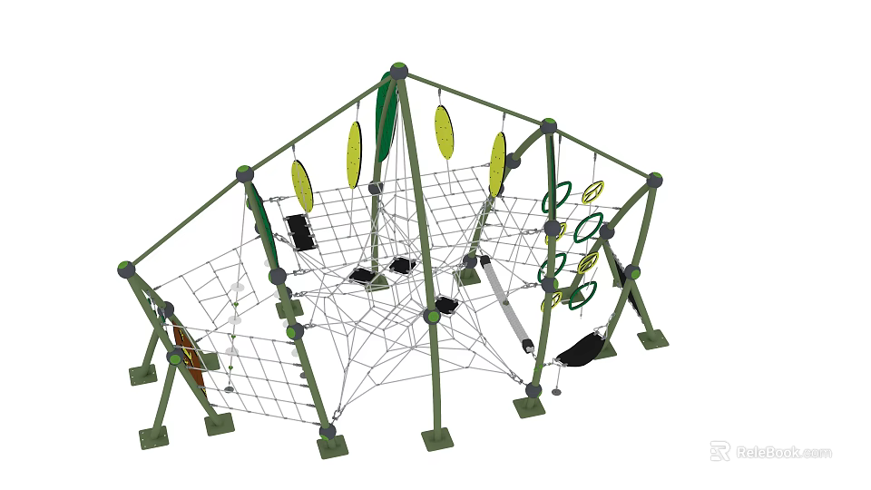 Unique Shaped Chandelier With Green Frame Net Yellow Leaf Decorations And Rings 3d model 
