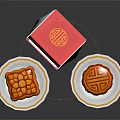 Golden Mooncakes with Patterns on Plates and Open Red Box