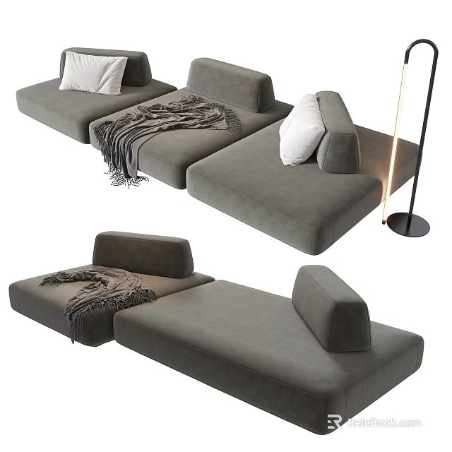Gray Modular Sectional Sofa with Soft Pillows and Cozy Throw Blanket 3d model