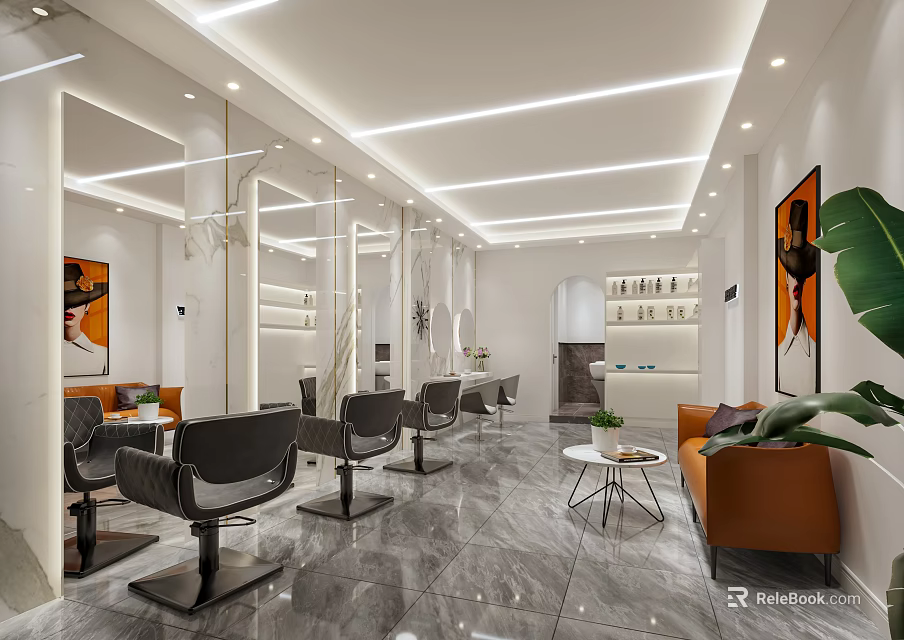 Modern Hair Salon Interior With Styling Chairs Mirrors And Marble Floor 3d model 