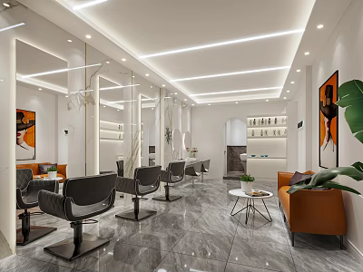 Modern Hair Salon Interior With Styling Chairs Mirrors And Marble Floor 3d model