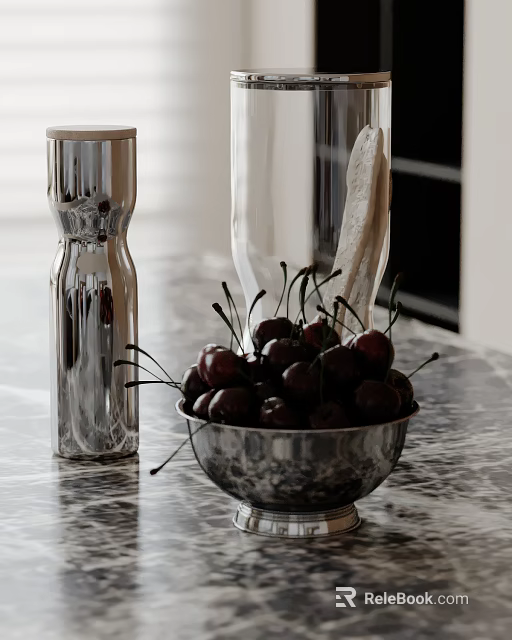 Stylish Kitchen Countertop With Marble Surface Metal Bowl Of Cherries And Silver Container 3d model 