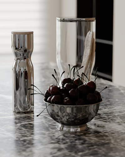 Stylish Kitchen Countertop With Marble Surface Metal Bowl Of Cherries And Silver Container 3d model