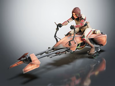 Red Haired Character Riding Futuristic Mechanical Creature With Metallic Armor And Sharp Edges 3d model