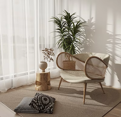 Light Cushioned Rattan Armchair with Wooden Frame Near Large Potted Plant and White Curtains 3d model