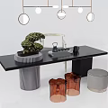 Modern Black Tea Table and Chairs with Bonsai Plant Tea Set and Hanging Lights