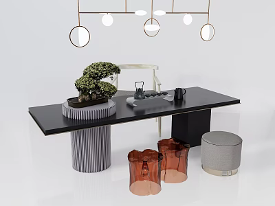 Modern Black Tea Table and Chairs with Bonsai Plant Tea Set and Hanging Lights 3d model