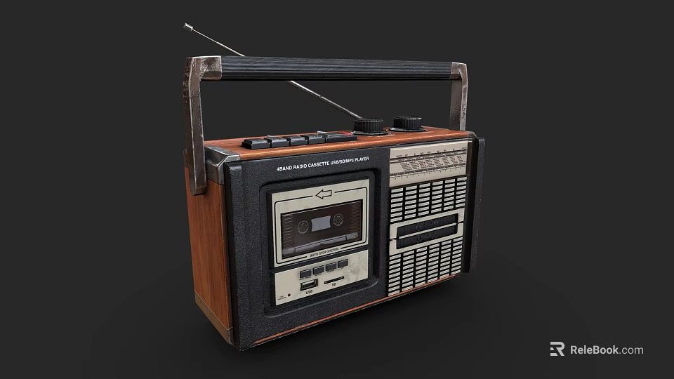 Retro Radio Cassette Player With Wooden Panel FM Antenna And Portable Vintage Design 3d model 