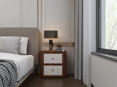 Modern Minimalist Bedroom Wooden Nightstand With Drawers Lamp Pinecone Near Bed Curtains And Natural Light 3d model
