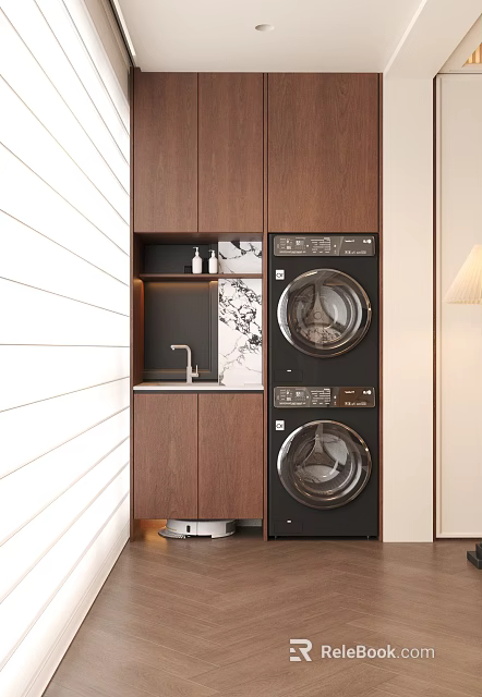 Modern Home Balcony Laundry Area with Washing Machine Dryer Cabinet and Sink 3d model 