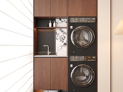Modern Home Balcony Laundry Area with Washing Machine Dryer Cabinet and Sink 3d model