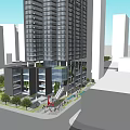 Modern High Rise Office Building With Low Rise Structures And Street Greenery