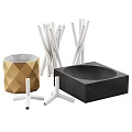 Modern Decorative Ornament Set With Ceramic Geometric Vase Black Metal Sticks And Concrete Square Base