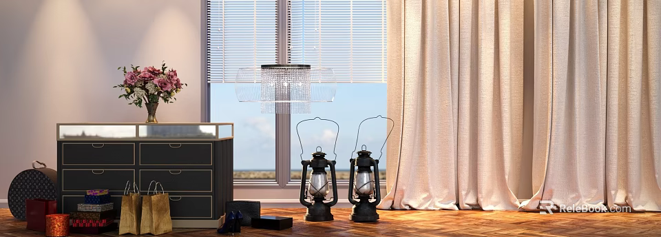 Elegant Curtains in Interior with Window Blinds Dresser Kerosene Lamps and Wooden Floor 3d model 
