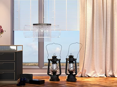 Elegant Curtains in Interior with Window Blinds Dresser Kerosene Lamps and Wooden Floor 3d model