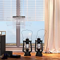 Elegant Curtains in Interior with Window Blinds Dresser Kerosene Lamps and Wooden Floor