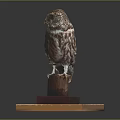A Small Brown Feathered Owl Perched On A Natural Wooden Base With Layered Wooden Platform