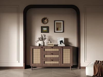 Modern Entryway Cabinet And Sideboard With Rattan Doors Drawers And Decorative Vase 3d model