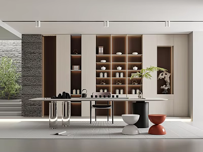 Modern Minimalist Tea Room With Built In Shelves And Decor 3d model