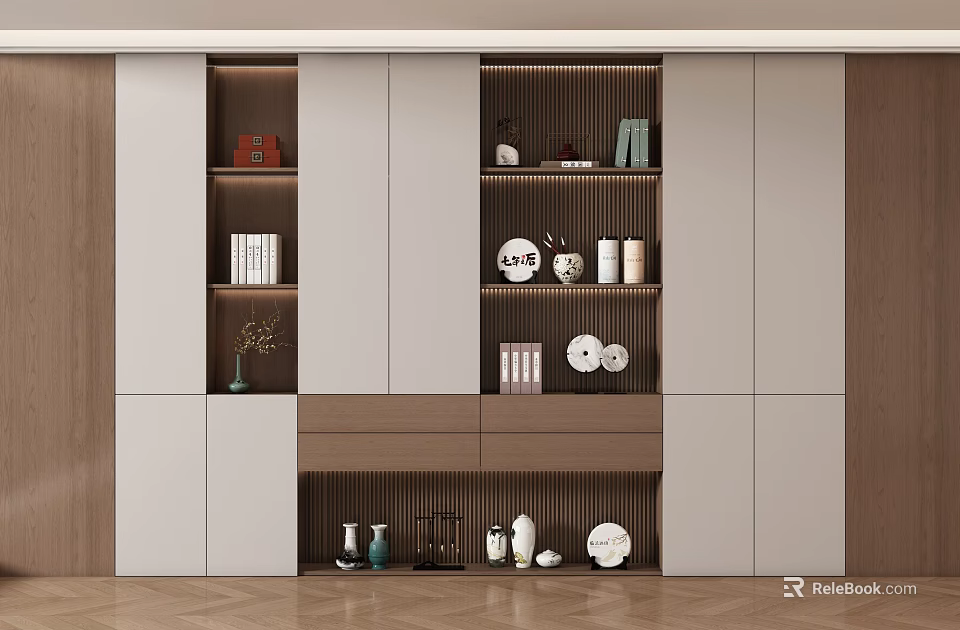 Modern Bookcase With Multiple Shelves Books Decorative Items Vases And Clocks 3d model 