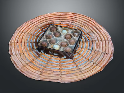 Colorful Assorted Chocolates in Decorative Box on Round Woven Tray 3d model