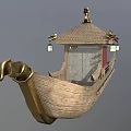 Traditional Wooden Boat With Pavilion Style Roof And Hanging Lanterns Red Accents