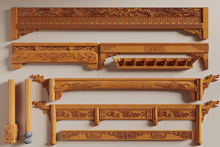 New Chinese style carved cross beam wooden beam ancient building component column beam column structure 3d model