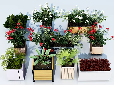 Decorative Garden Planters With Various Potted Plants Colorful Flowers And Mixed Material Containers 3d model