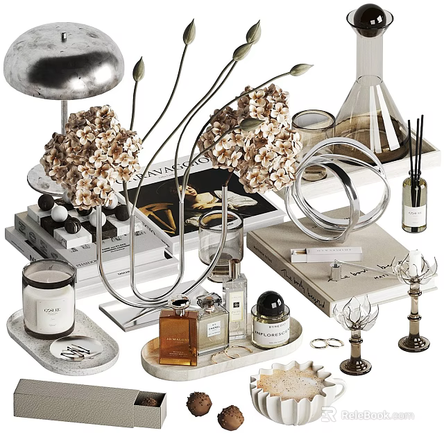 Elegant Decorative Ornament Set With Floral Arrangement Fragrance Bottles Candles Trays And Books 3d model 