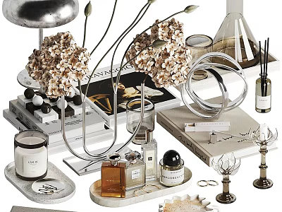 Elegant Decorative Ornament Set With Floral Arrangement Fragrance Bottles Candles Trays And Books 3d model