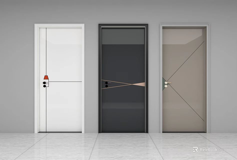 Modern Hinged Doors Three Different Designs With Glass Panel And Geometric Lines For Interior 3d model
