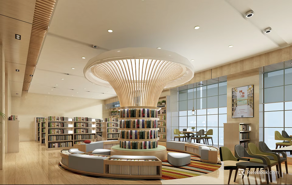 Artistic Library Interior Design With Circular Bookshelf And Seating 3d model 