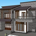 Traditional Chinese Style Two Story Waterfront House With Wooden Windows Balcony And Dock