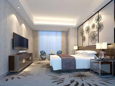 Hotel Guest Room With Large Bed TV Armchair Wall Decor And Carpet 3d model
