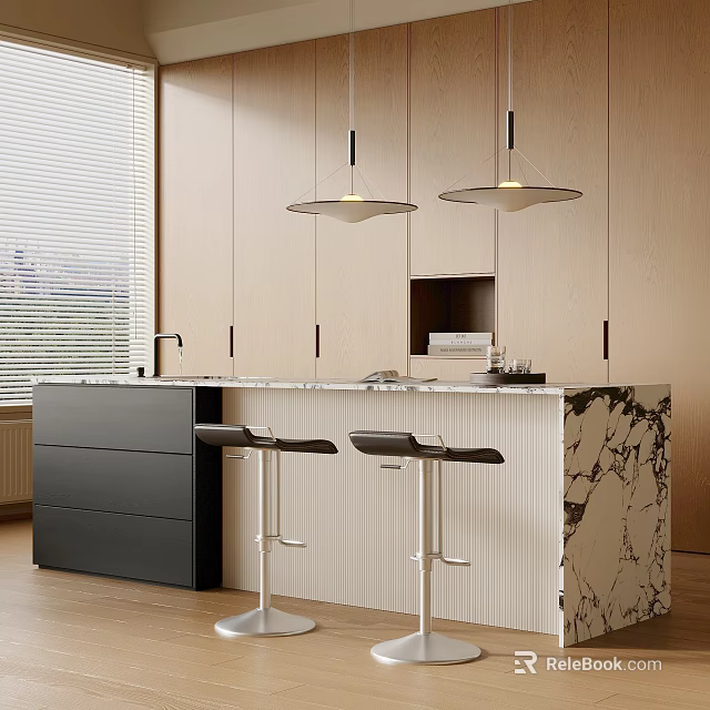 Modern Kitchen Interior Design With Marble Island Counter Wooden Cabinets Pendant Lights And Bar Stools 3d model 