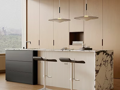 Modern Kitchen Interior Design With Marble Island Counter Wooden Cabinets Pendant Lights And Bar Stools 3d model