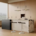 Modern Kitchen Interior Design With Marble Island Counter Wooden Cabinets Pendant Lights And Bar Stools