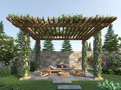 Courtyard Garden Featuring Wooden Pergola Climbing Plants Sofa Chairs Stone Wall And Lush Greenery 3d model