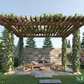 Courtyard Garden Featuring Wooden Pergola Climbing Plants Sofa Chairs Stone Wall And Lush Greenery