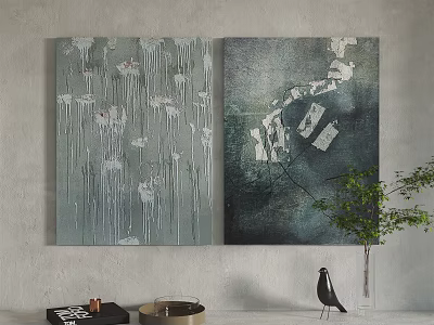 Abstract Paintings On Gray Wall With Green Plant And Decorative Items 3d model