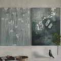 Abstract Paintings On Gray Wall With Green Plant And Decorative Items