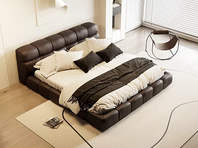 Modern Black Leather Tufted Double Bed With White Black Pillows Blanket Area Rug And Armchair 3d model