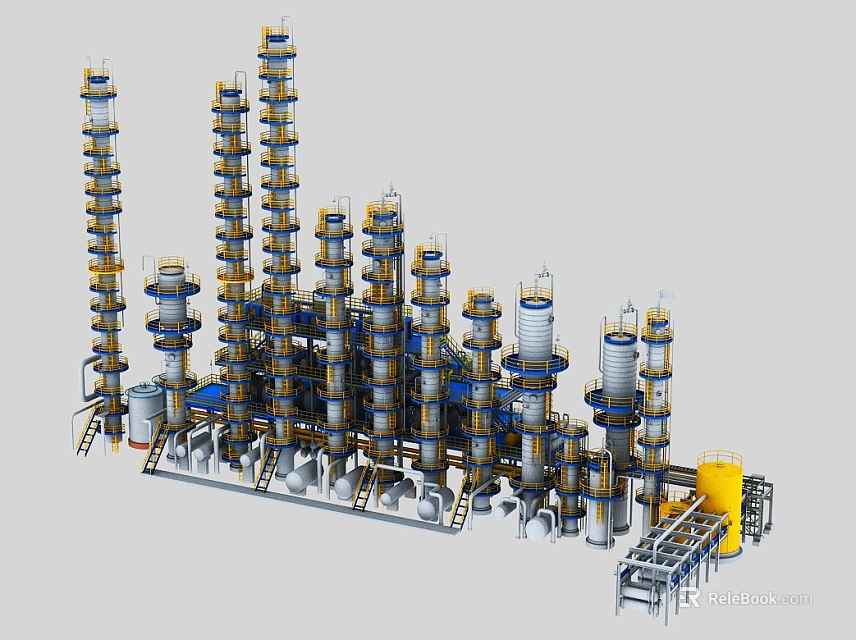 Large Scale Industrial Equipment With Processing Towers Pipes And Storage Tanks For Petrochemical Facility 3d model 