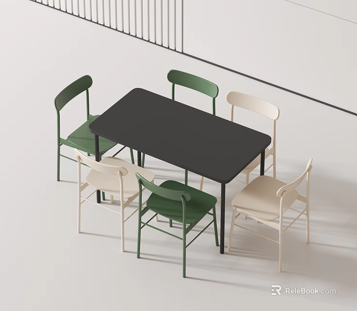 Modern Dining Table Set With Black Tabletop And Six Green Beige Chairs 3d model