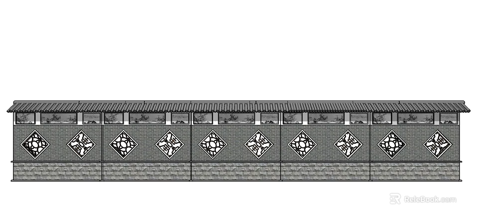 Traditional Style Building Exterior Wall With Gray Bricks Diamond Hollow Patterns And Tile Roof 3d model 